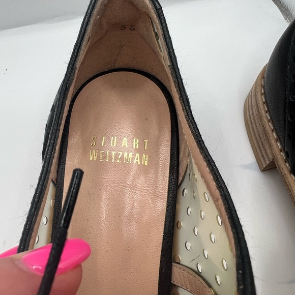 Stuart Weitzman Dandy Wingtip Black Leather Clear Vinyl Oxfords 7N Spain Womens - Picture 7 of 8